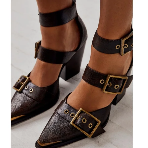 Free People JEFFREY CAMPBELL Hendrix Heels Brown Crackle Leather Size 8 - Picture 6 of 6